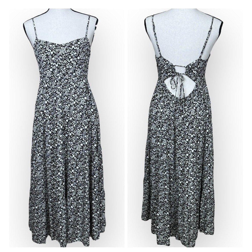 Macy & Taylor Black Floral Print Maxi Dress Spaghetti Strap Open Tie Back Small‎